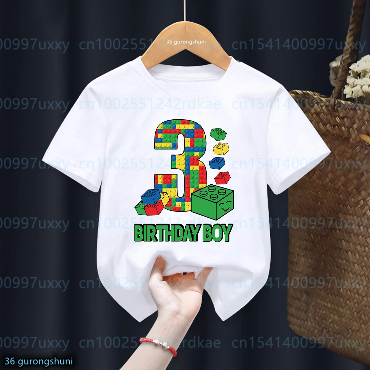 Camiseta de bloques de construcción para niños, Camiseta con estampado gráfico de bloques divertidos, regalos para niños, ropa de fiesta de cumpleaños, 1-10