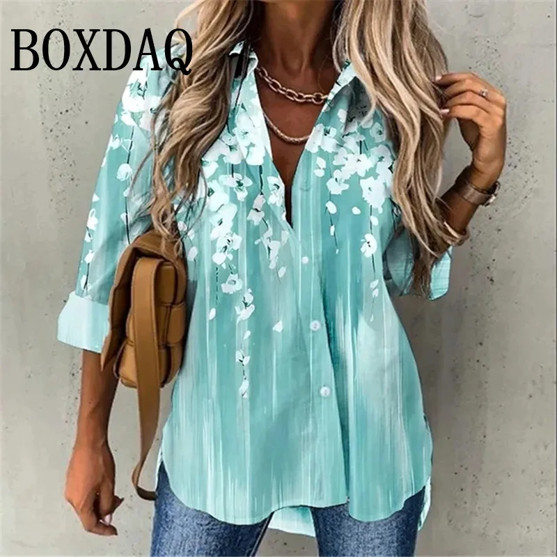 2025 New Spring Women Shirts Flower Print Lapel Long Sleeve Loose Single-Breasted Casual Blouses Fashion Button Lady Top Clothes