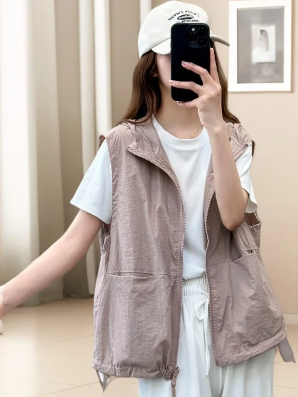 

Spring Summer Lightweight Casual Loose Women's Vest Sleeveless Outerwear Fashionable Hooded Jacket Trendy Outer Layer