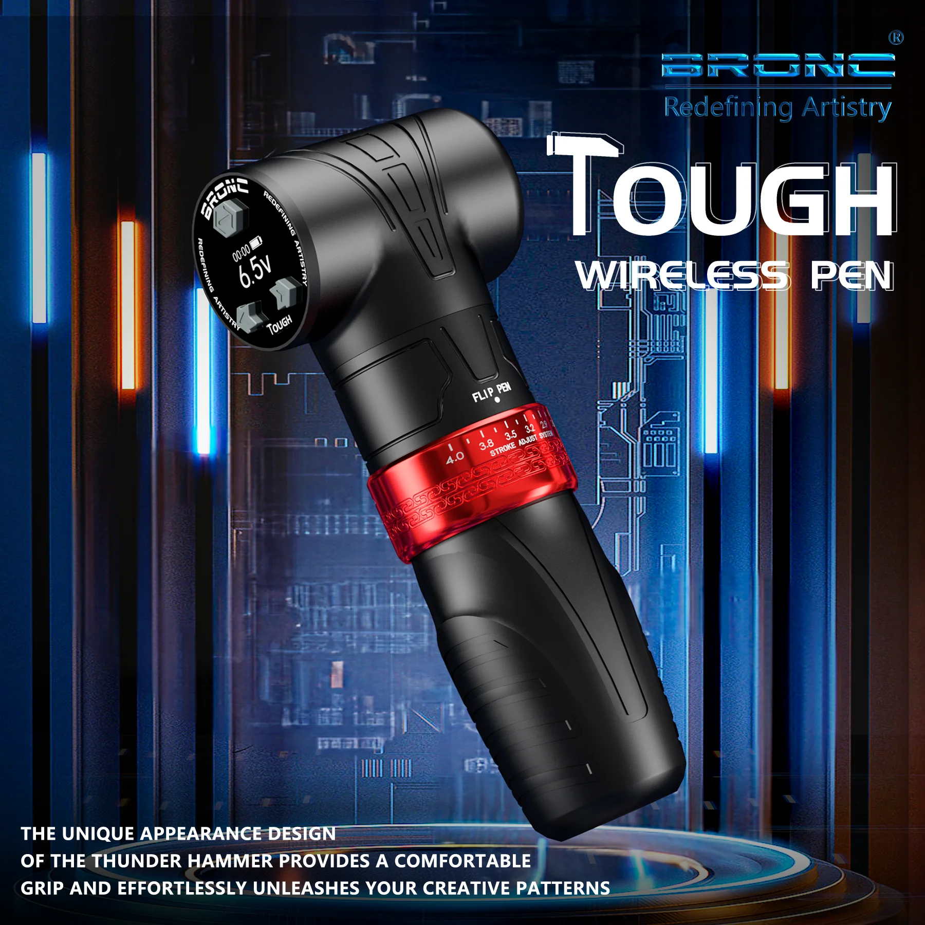 

Беспроводная тату-машинка BRONC TOUGH с ходом 2.6-4.3 мм, швейцарским DC-мотором, аккумулятором 2100 мАч, прямым приводом и OLED-дисплеем