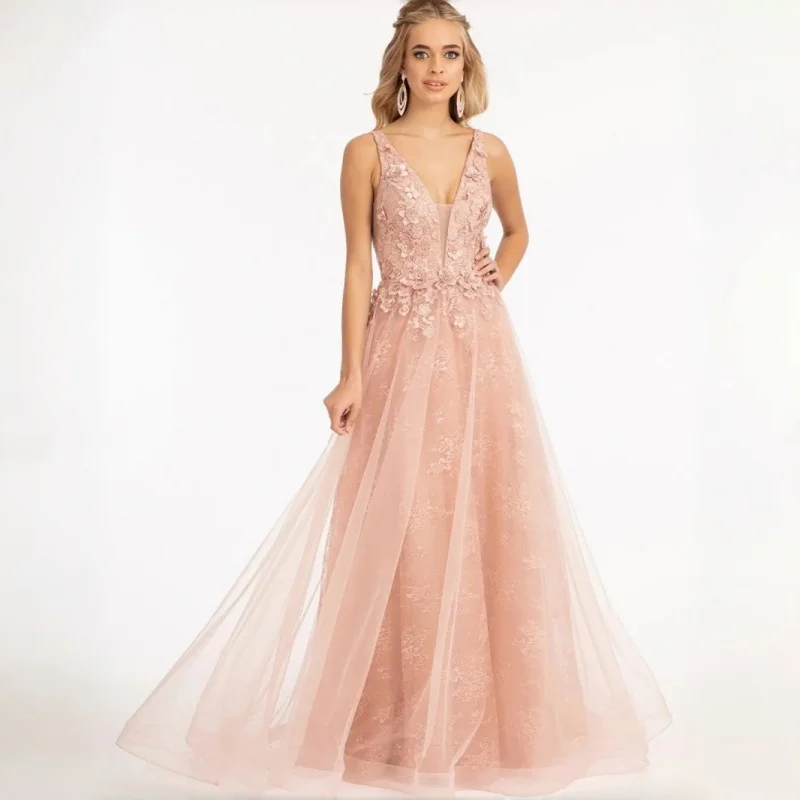 

3D Flower Lace Bridesmaid A Line Dress Thin Lace Straps Plunging V Neck Multi Layer Tulle Sweep Train Evening Dress Customizabl