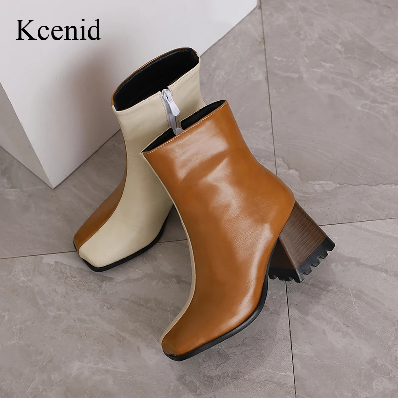 Kcenid 2023 New Size 48 Mixed Color Chunky Heels Ankle Boots Winter Casual Square Toe Designer Shoes Women's Fashion Short Boots