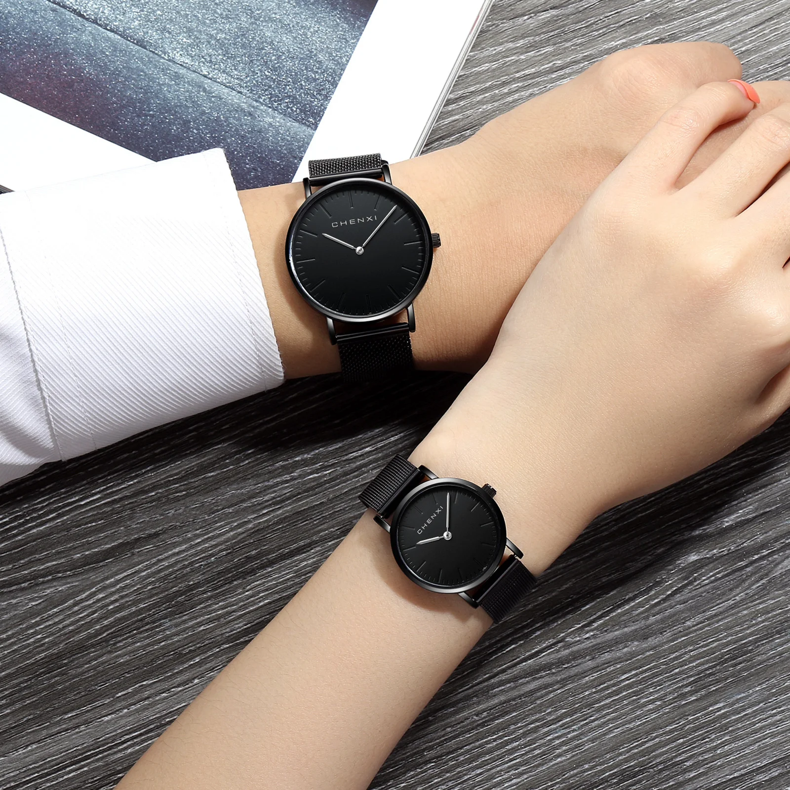 CHENXI 076H Couple Quartz Watches Fashion Simple Pointer Mesh strap Wristwatch for Men and Women Gift Clock Montres