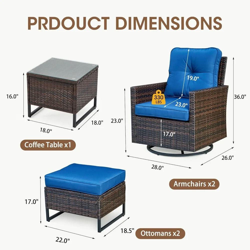 طقم بيسترو للفناء مكون من 3 قطع، كراسي شراعية دوارة من الخيزران مع طاولة جانبية من الزجاج المقسى، طقم كراسي فناء مع مقاوم للماء B #5