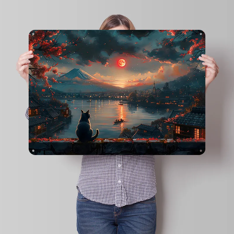 Cat Watching Sunset Over Japan 3D Printed Texture Poster Personalized Wall Art Retro Metal Tin Signs for Home Decoration Gaming