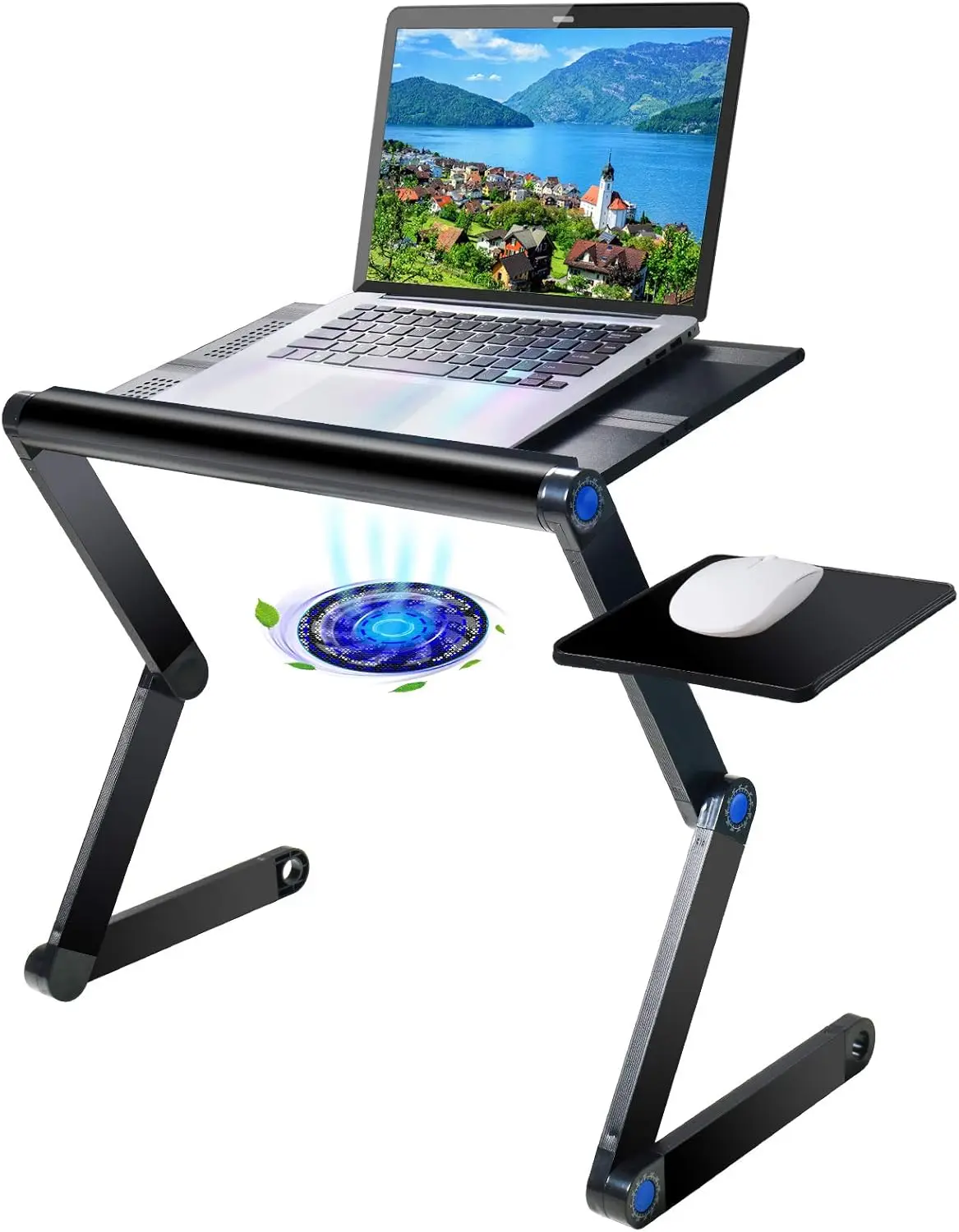 

19" Wide Aluminum Laptop Stand with Cooling Fan and Mouse Pad, Adjustable Ergonomic Foldable Desk for Bed Sofa