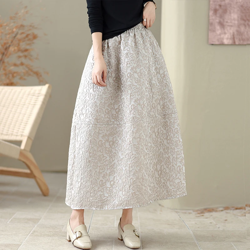 

Ele Юбка-миди с высокой талией, женская юбка с цветочной вышивкой и 3D рельефом, универсальная повседневная юбка, весна-осень, модный тренд