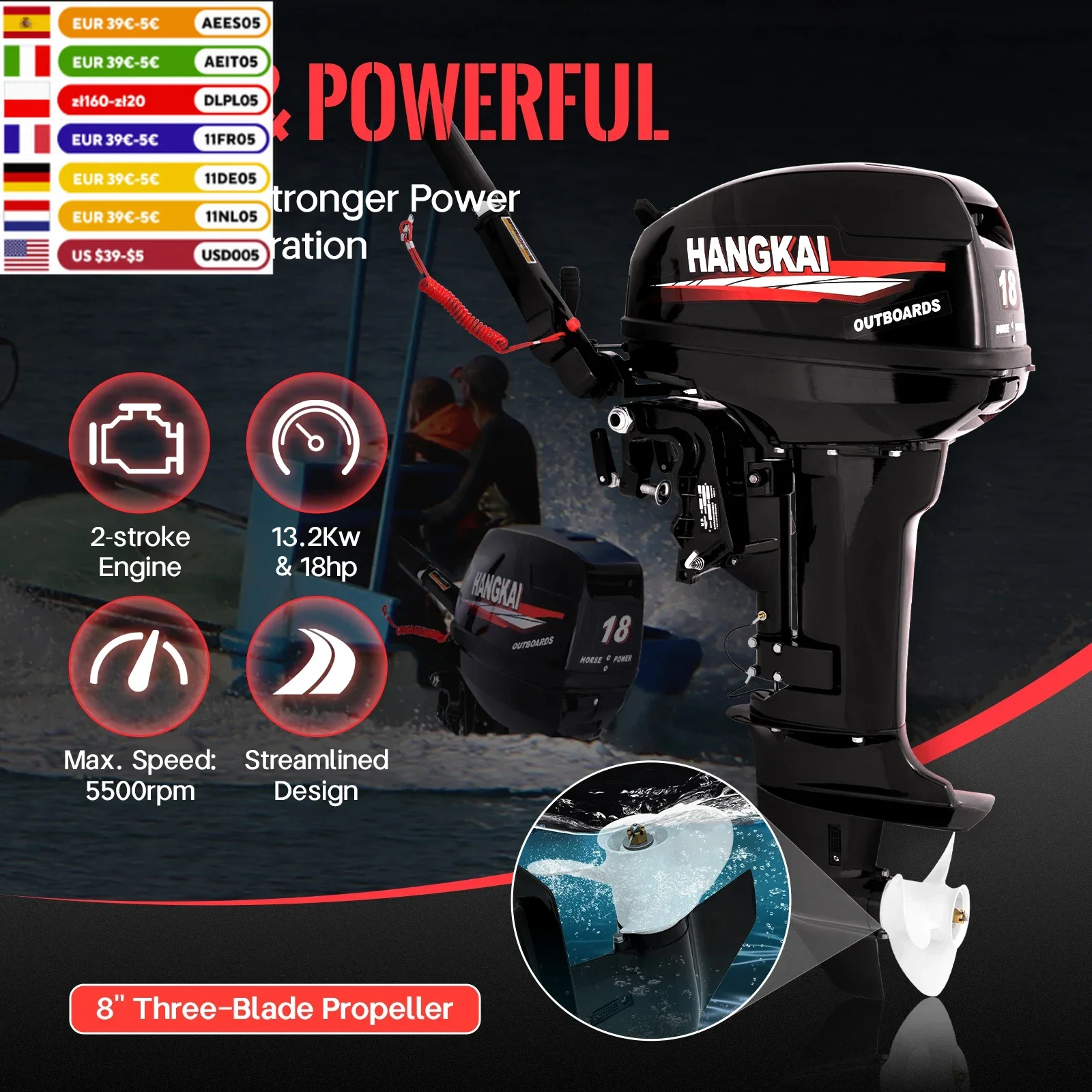 HANGKAI Heavy Duty Outboard Motor 18 HP Fishing Boat Engine 2 Stroke 246CC w/ Water Cooling CDI System Boat Accessories Marine