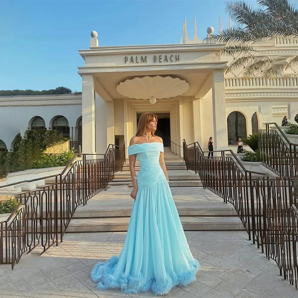 

Gorgeous Prom Gown For Women Off The Shoulder Evening Dress With Feather Luxury Wedding Party Dresses فساتين سهرة