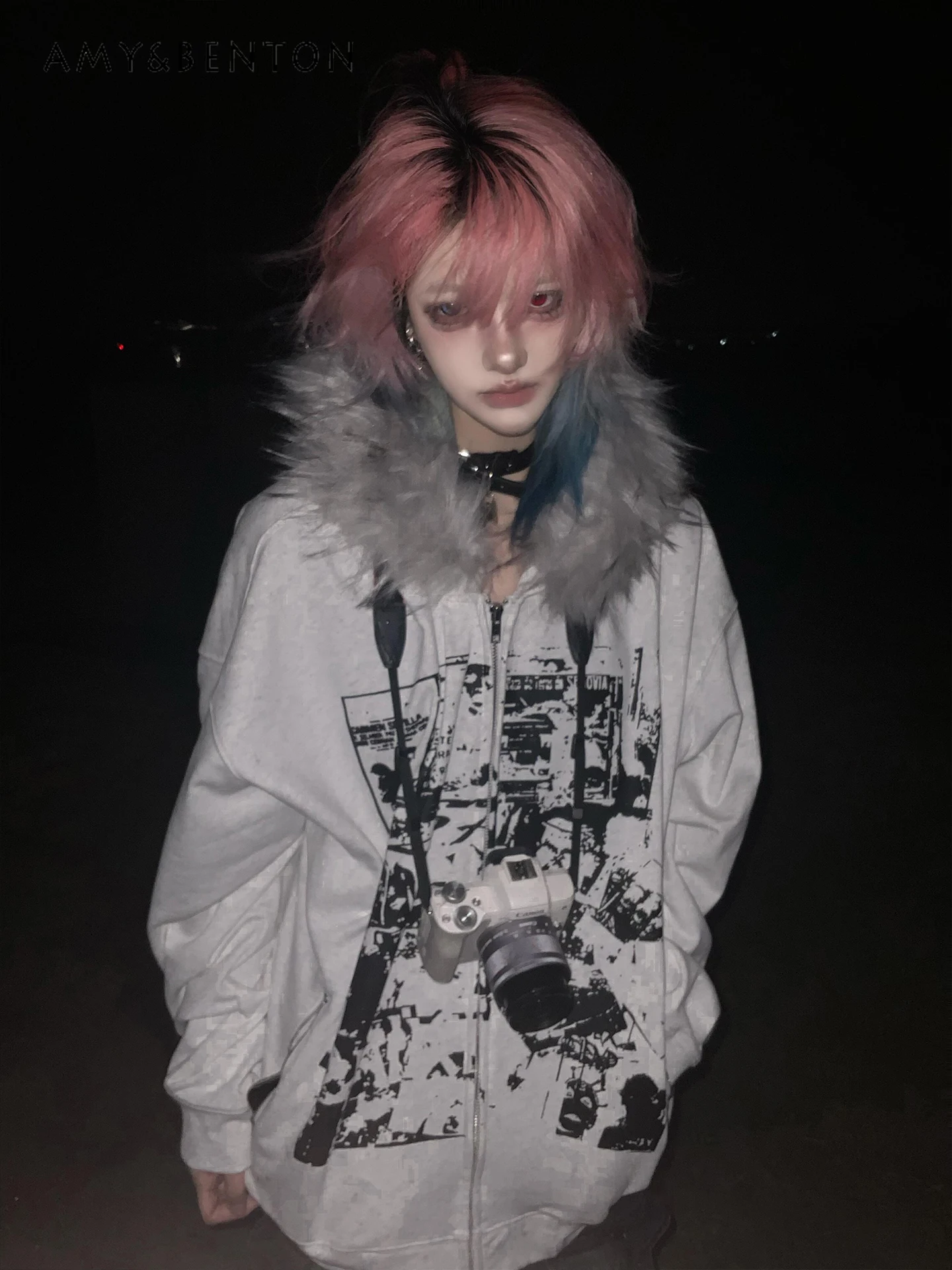 

Autumn Winter New Y2K Subculture White Gray Fur Collar Coat Women's Loose Casual Printed Velvet Hooded Sweatshirt