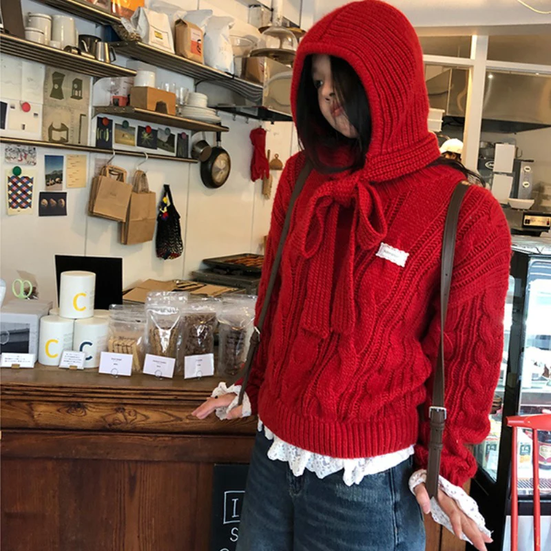 

MEXZT Vintage Red Sweater Women Christmas with Hat Knitted Pullovers Winter Lace Patchwork Knitwear Korean Aesthetic Jumpers New
