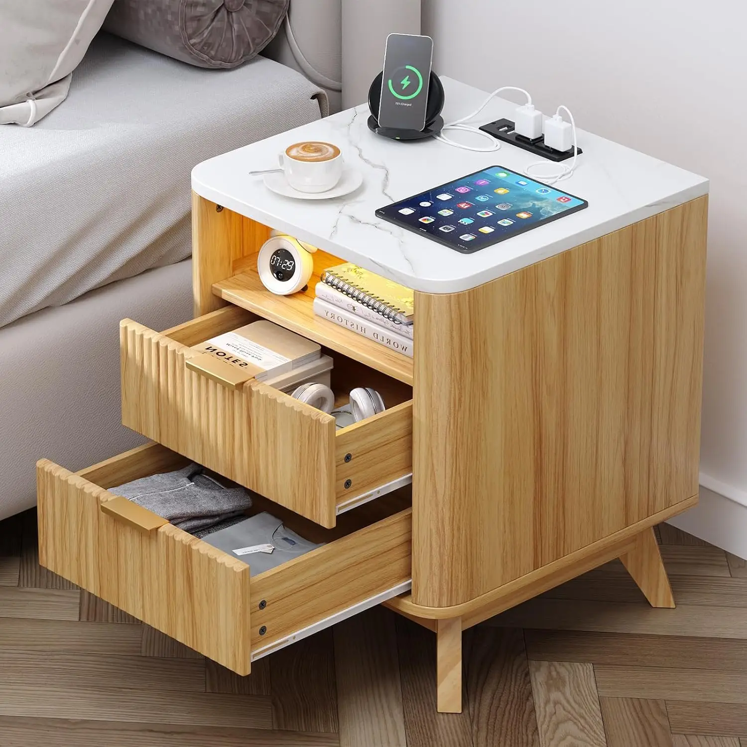 

Fluted 2 Drawers Dresser for Bedroom, Nightstand with LED Lights, Wooden Dresser Side Table with 2 Storage Drawers, Wooden