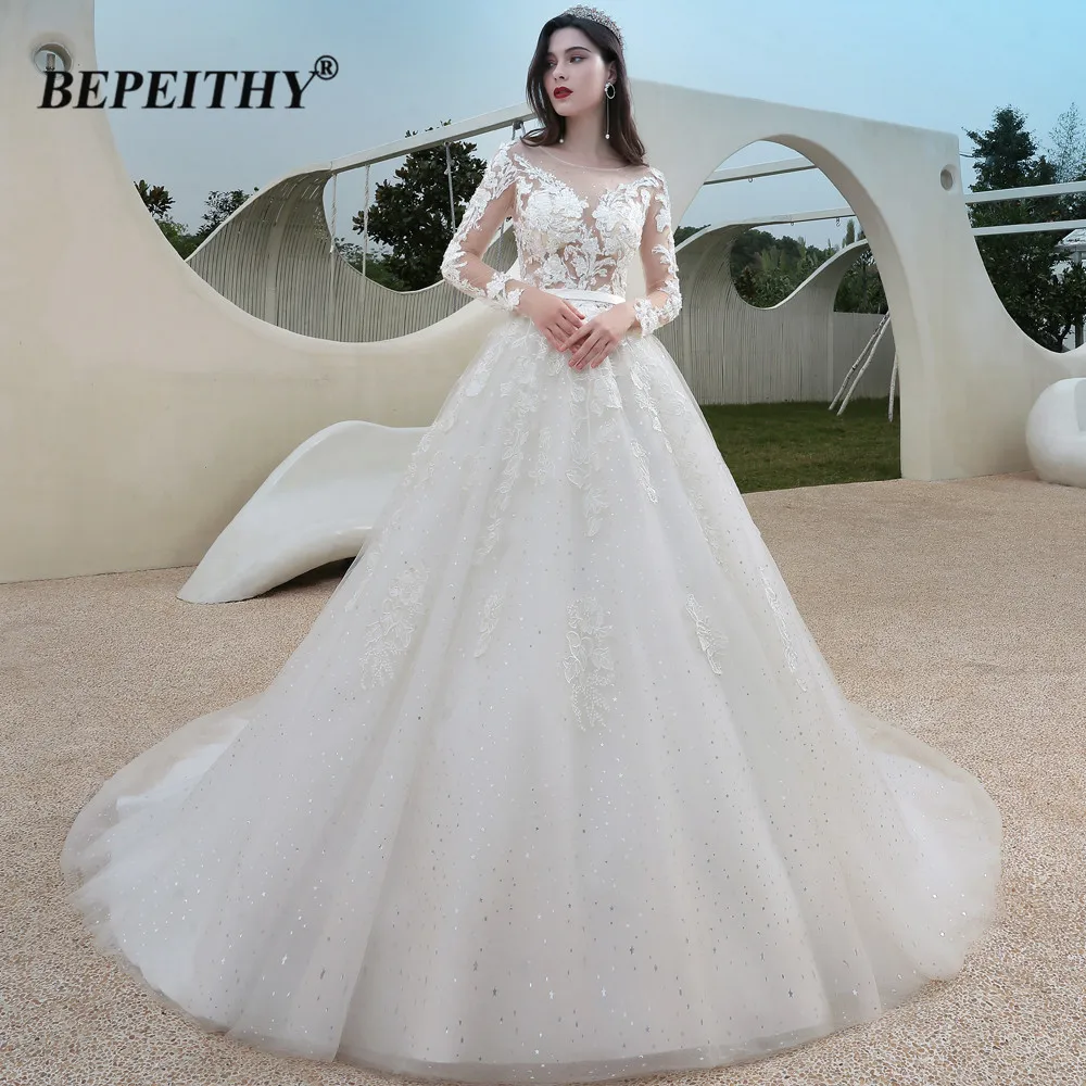 BEPEITHY Customized A-Line Wedding Dresses For Women Full Sleeves Princess Stars Tulle Glitter Bridal Gowns Bride Party Dress