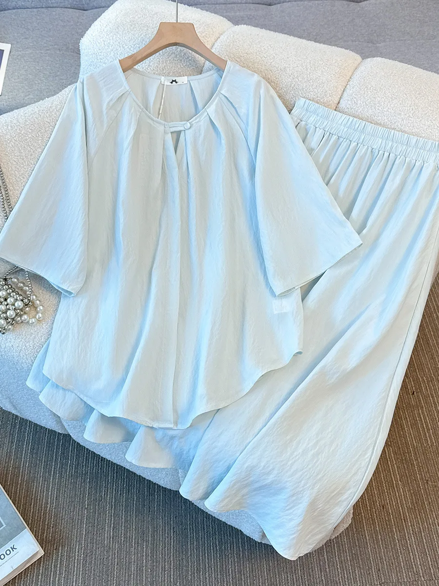 

150Kg Plus Size Women's Bust 162 Summer Short Sleeved Top High Waist Skirt Set Black Blue 5XL 6XL 7XL 8XL 9XL