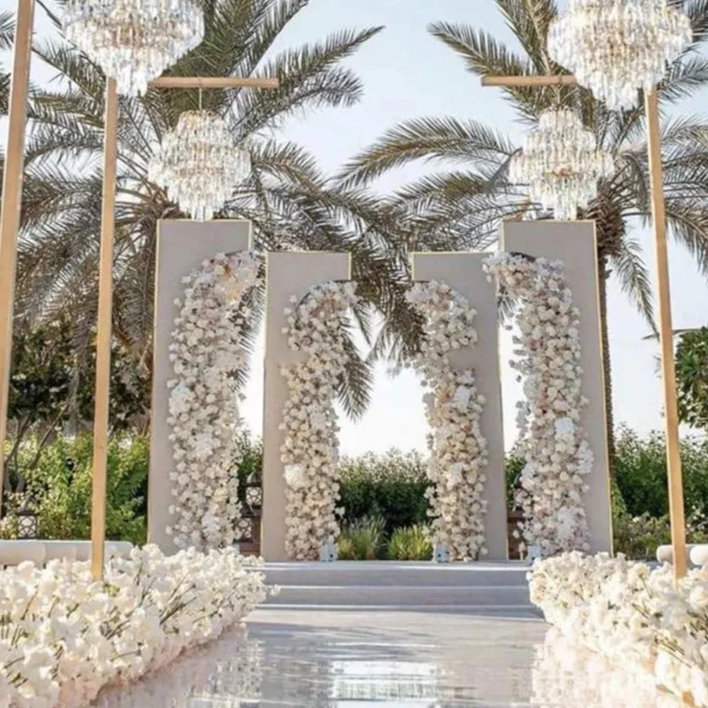 

4pcs Wedding Arch Tall Free Stand acrylic Chandelier Pole Hanging Gold Chandelier Walkway Stand