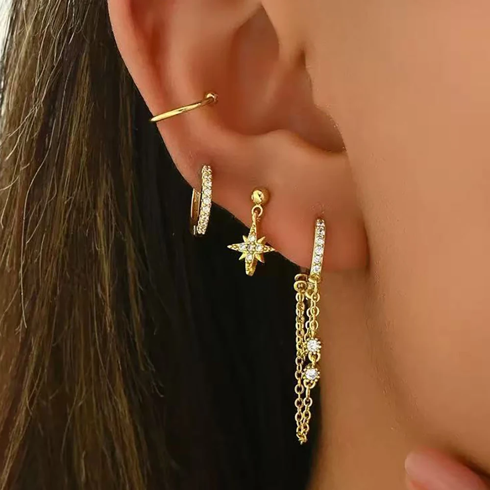 Ensemble de 4 paires de boucles d'oreilles pendantes à pampilles et zircon pour femmes, plaqué or 14 carats, motif étoile scintillante, bijoux de mode coréenne