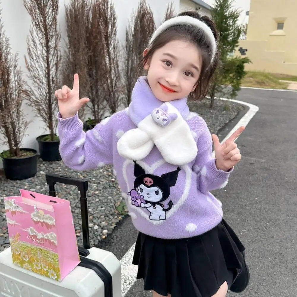 

Sanrio Kuromi милый свитер для девочек осень/зима детский стильный толстый вязаный свитер топ мягкий теплый интегрированный бархат