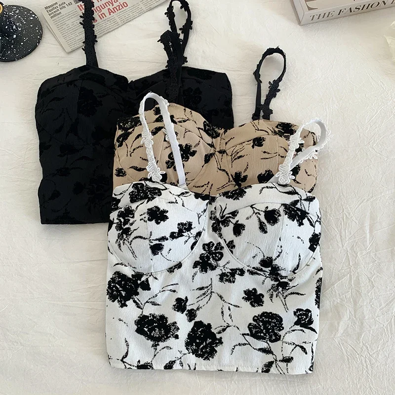 

Women Sweet Elastic Camis Underwear Padded Bra Spaghetti Cute Crop Tops Print Tank Tops For Women Summer 2024