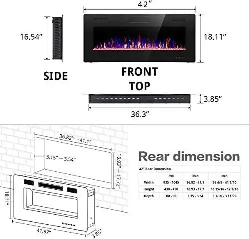 42IN Recessed and Wall Mounted, The Thinnest Fireplace, Low Noise, Fit for 2 x 6 and 2 x 4 Stud, Remote Control with T