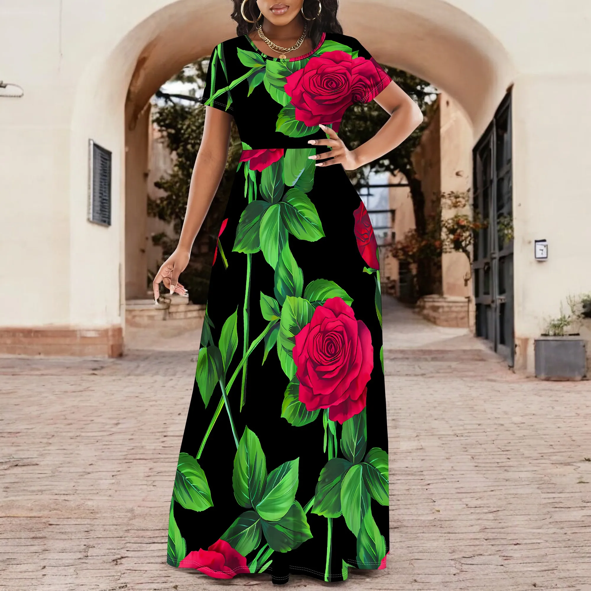 

Pullover Sexy Neck Short Sleeve Loose Long Dress for Women Fashion Printed Summer Beach Party Casual Maxi Dresses
