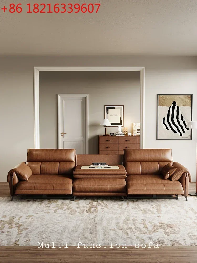Minimalist First Layer Cowhide Living Room Small Apartment Three-Seat Straight Row Functional Sofa