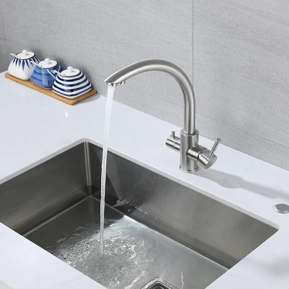 304 Stainless Steel Drinking Filtered Water Kitchen Faucet Deck Mounted Dual Handle Faucet Purification Kitchen Sink Faucet