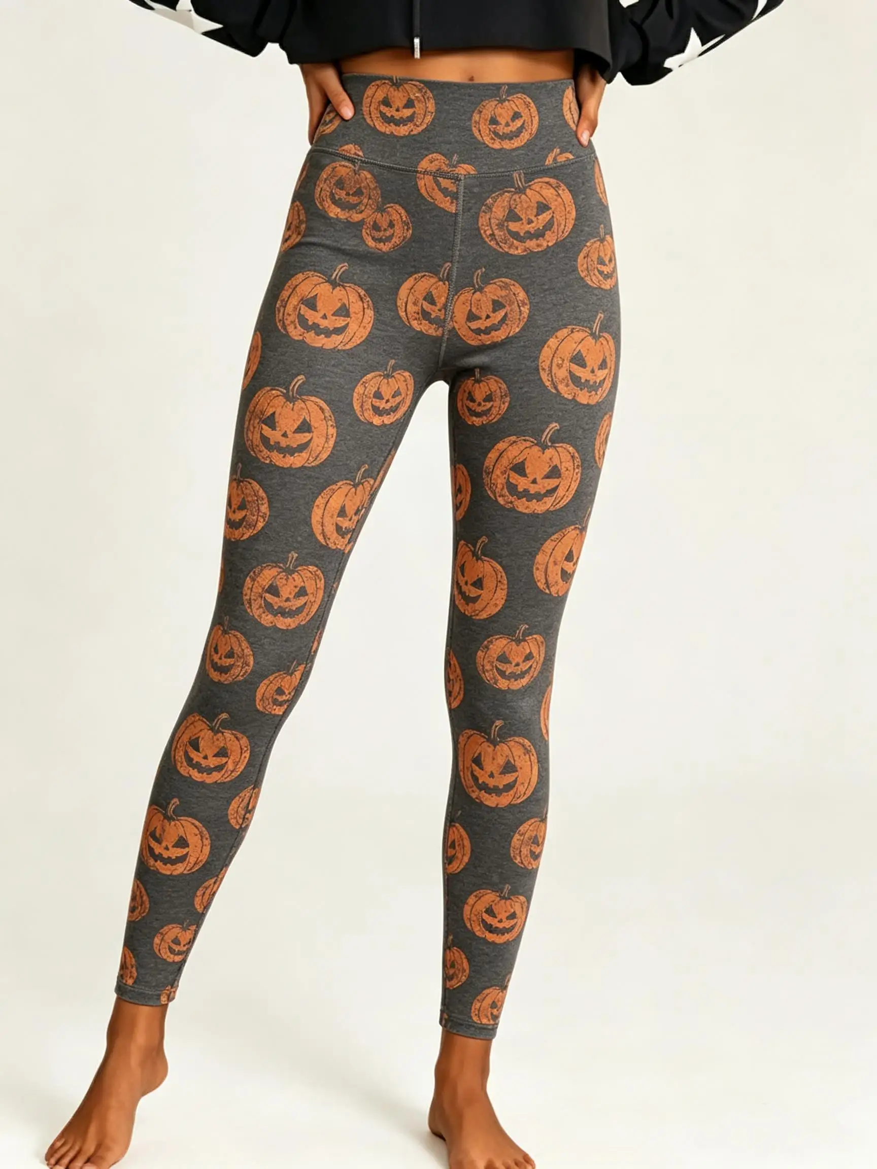 Women Halloween Fleece Mid‑Rise Leggings  Jack‑o‑Lantern Pumpkin Full Print Stretch Slim Pants