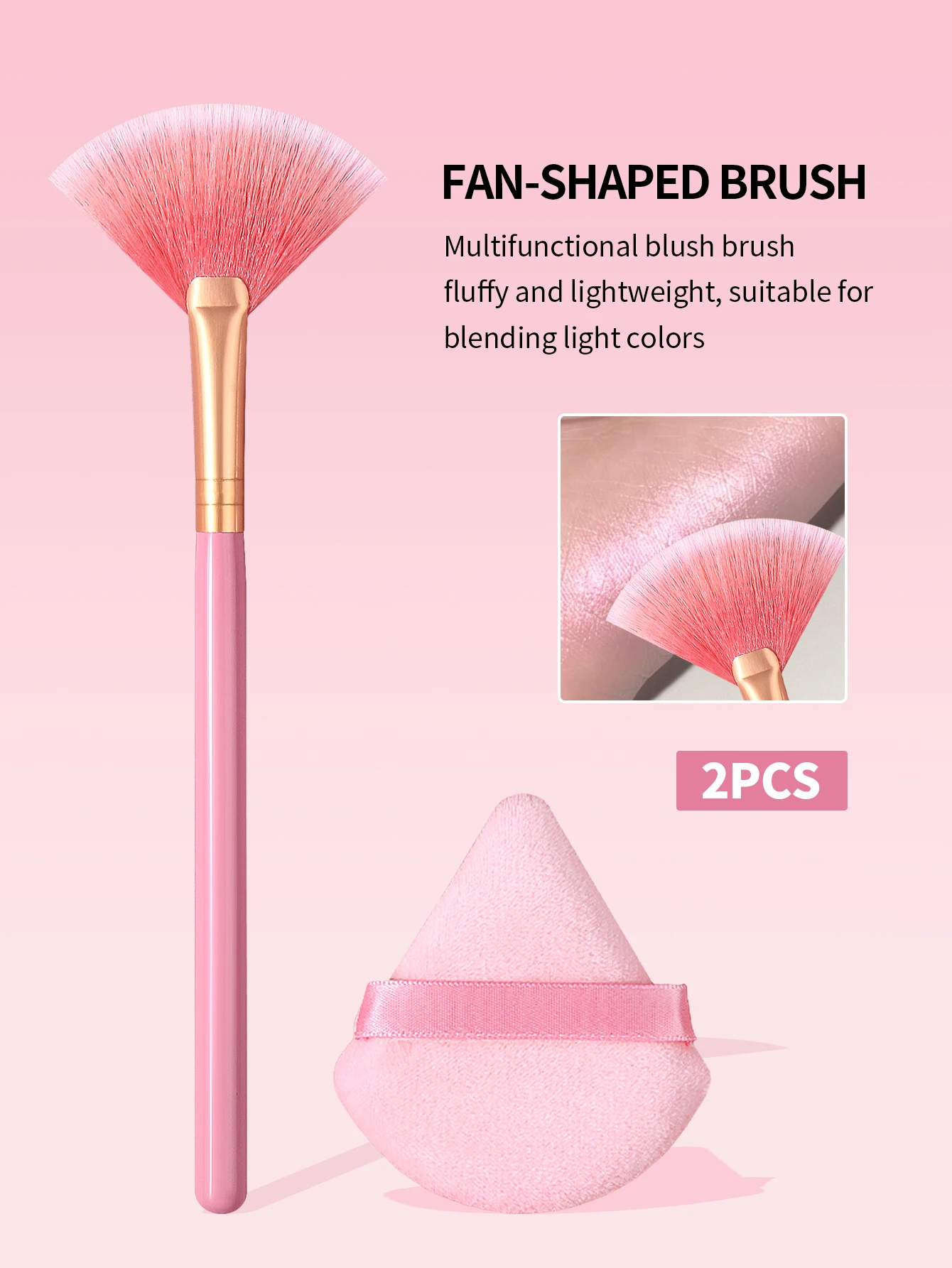 2 pieces of pink fan-shaped highlighter brush, blush brush, foundation brush and plush triangular makeup sponge. Beauty tools