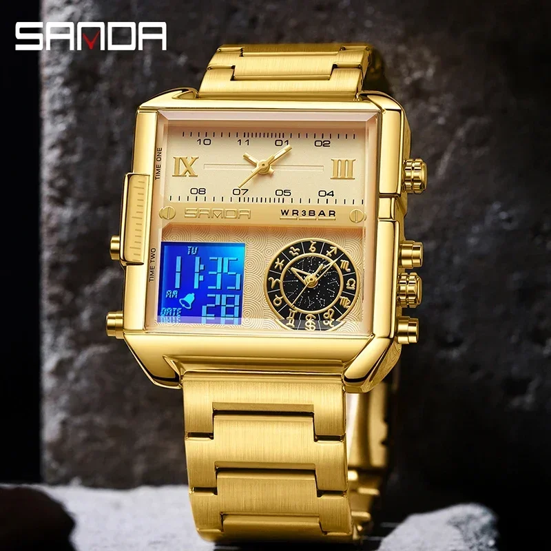 SANDA 2023 Nieuwe multifunctionele drie plaatsen tijd lichtgevend waterdicht horloge luxe gouden herenhorloges quartz horloge digitaal display