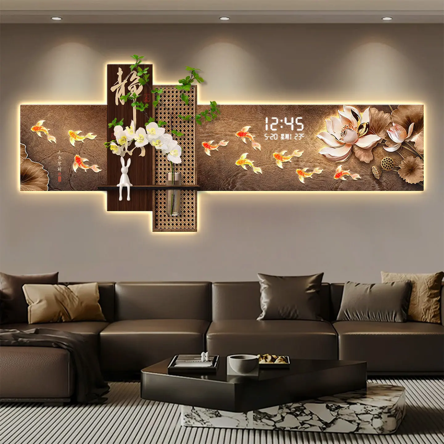 Nine Fish Picture Living Room Decoration Painting Electronic Clock Sofa Background Hydroponic Green Plant Wall Light
