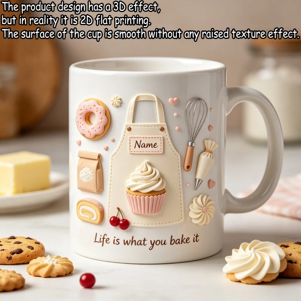 Custom Name 11oz Baking Lover Mug 2D Printed Ceramic Coffee Cup with Apron Cupcake Design Microwave Safe Gift for Women