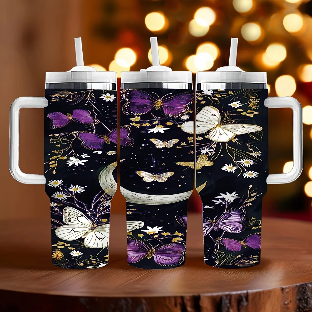 Beautiful Purple White Butterflies and Daisy Flowers Crescent Moon Pattern Travel Drinking Tumbler with Handle And Reusable Straw