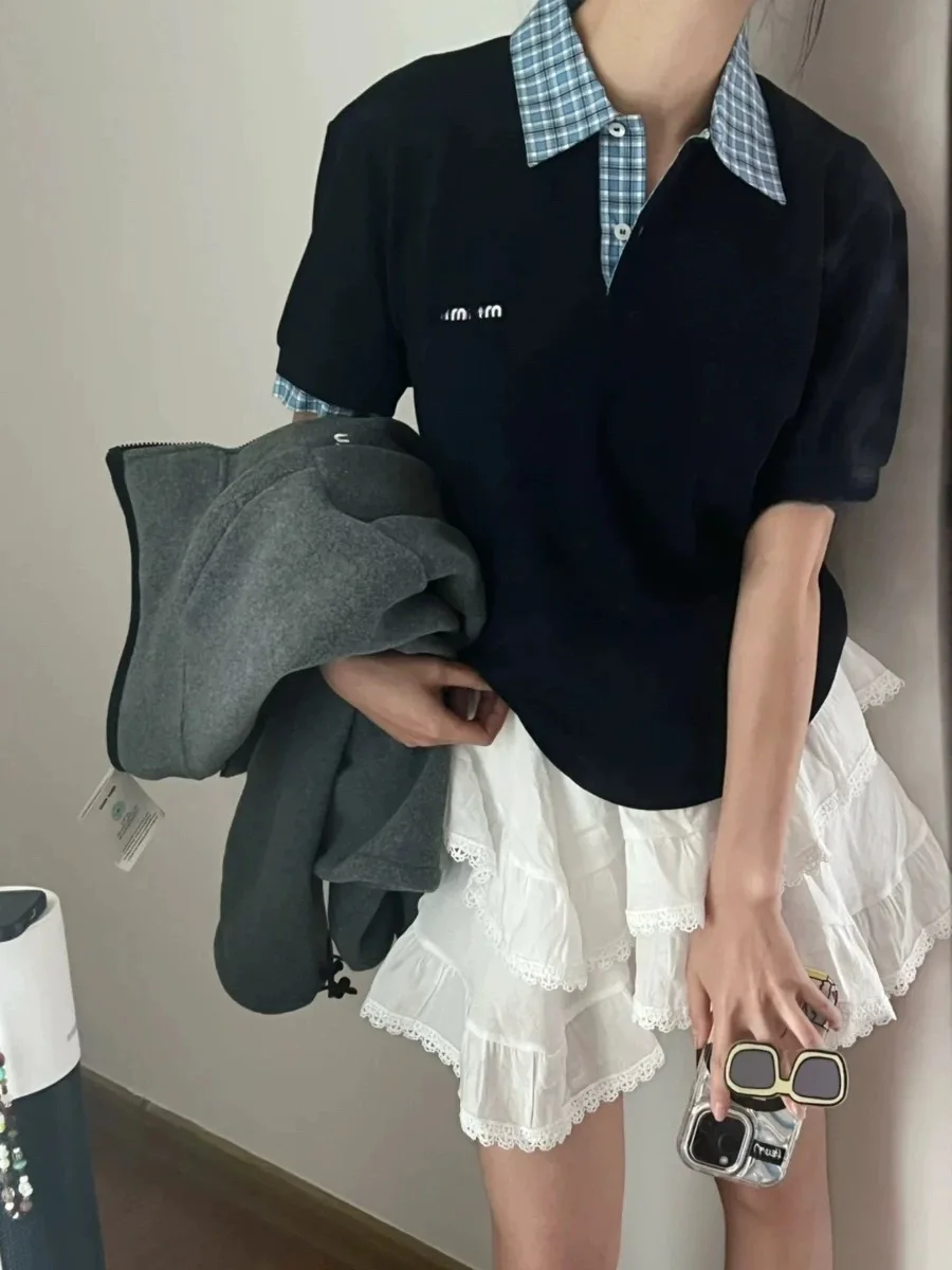 

Fiona High-End Spring Summer New Letter Embroidery Cotton Pique Cloth Plaid Patchwork ort Sve irt Women