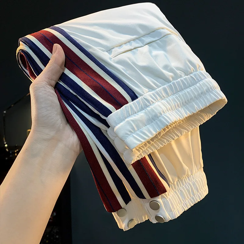 

Ice silk ankle tied casual pants for men's summer trend striped print loose and versatile elastic sports pants