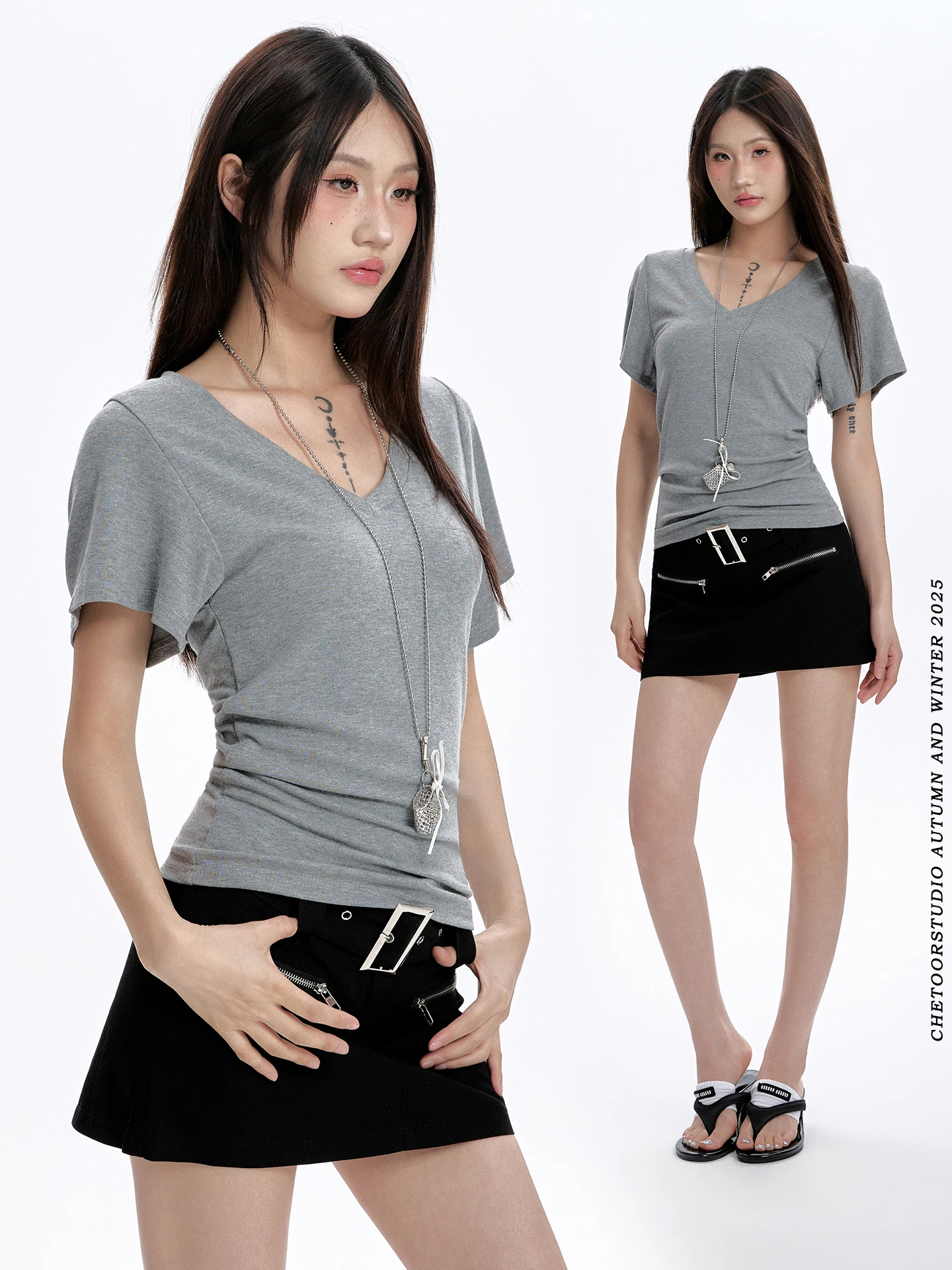 

ay V-Ne ort Sve T-irt Women's Summer New Design Slimming Waist Design Versatile Commute Sle Pure Color Sweat Abs...