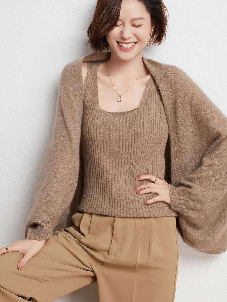 Spring New 100% Merino Wool Cardigan For Women Soft Solid Cashmere Knitwear Shawl Scarf Female Korean Popular Sweater Grace Tops