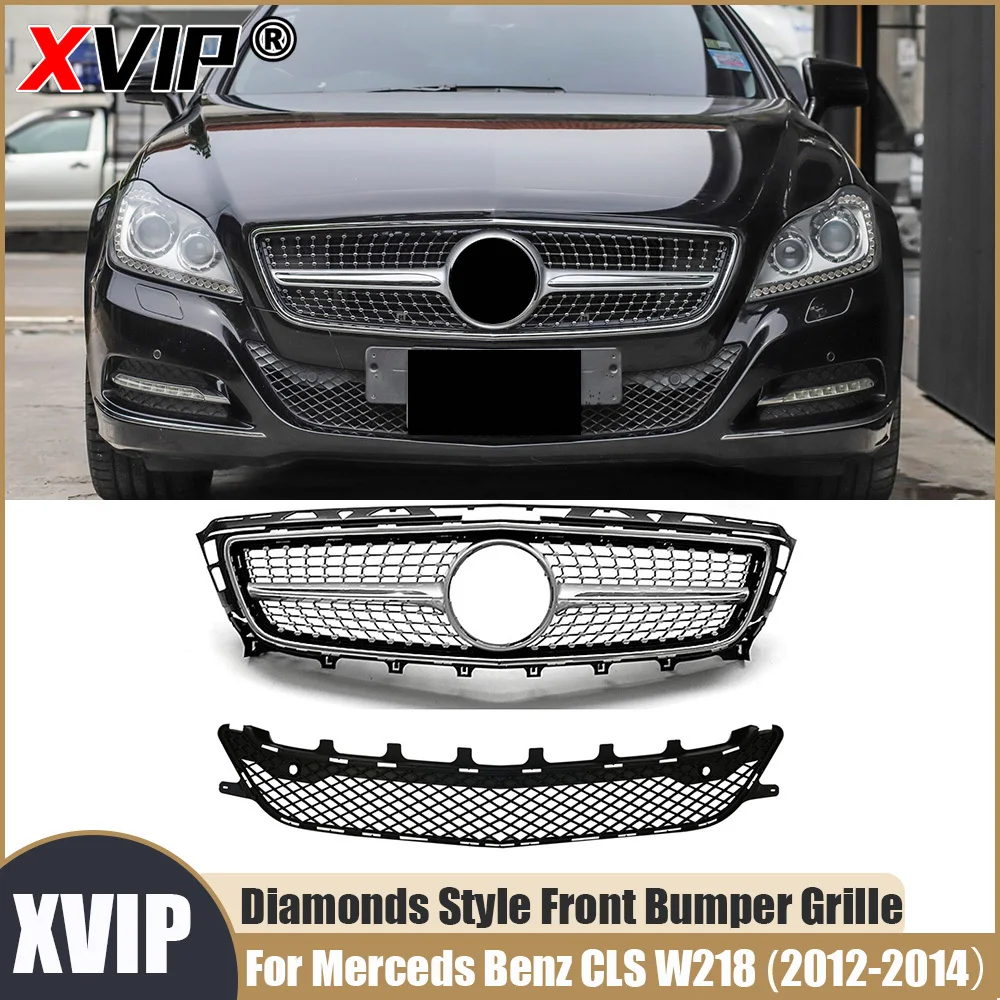 

XVIP Diamonds Silver Front Bumper Grille+Lower Radiator Grille For Mercedes Benz CLS-Class W218 2012-2014 CLS350 CLS500 CLS550