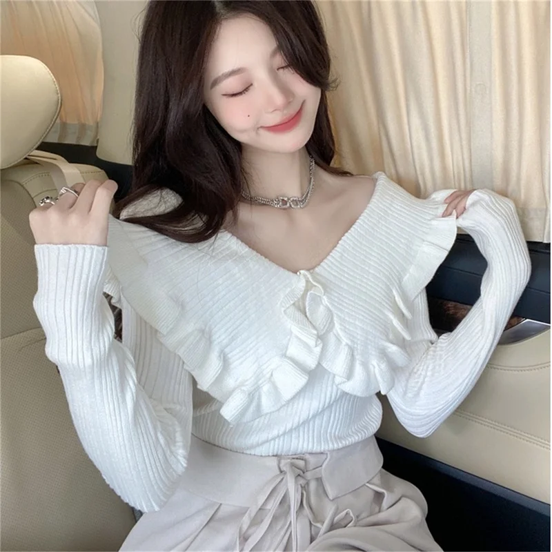 Women Sweater Sweet Doll Collar Knitwear Agaric Edge Long Sleeve Slim Knitted Sweater