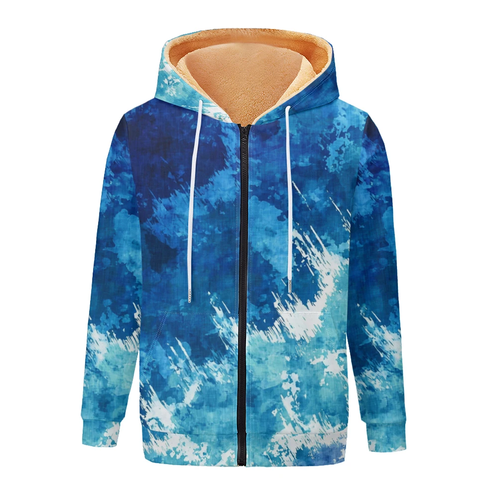Ink-Splash Watercolor Gradient Women Jacket Coat Printed Hoodie Fleece Lined Winter ​Warm Streetwear Motorcycle Outwear Clothing