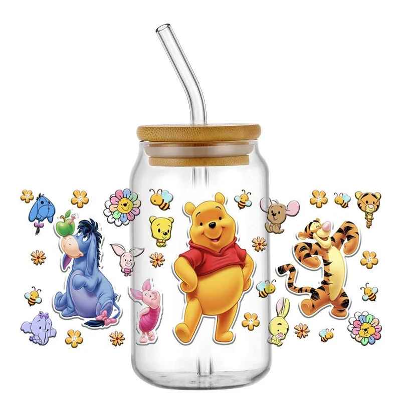 Miniso Disney Cartoon Bear Winnie the Pooh Pattern UV DTF Transfer Sticker Waterproof Transfers Decals For 16oz Glass Cup Wrap