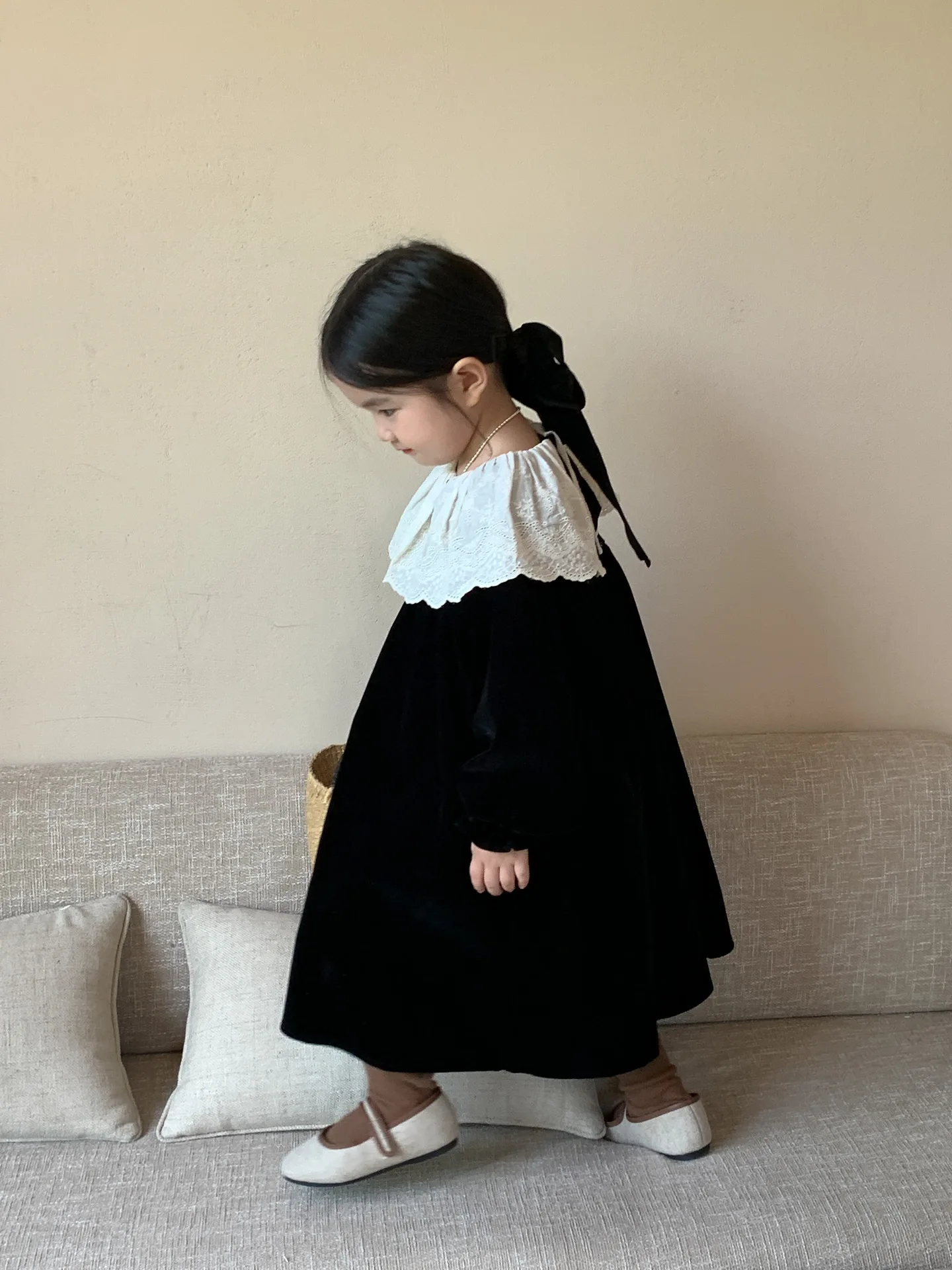 

Girls Casual Dresses Spring Season New Korea Childrens Clothing Korean French Retro Style Lace Collar Simple Trendy