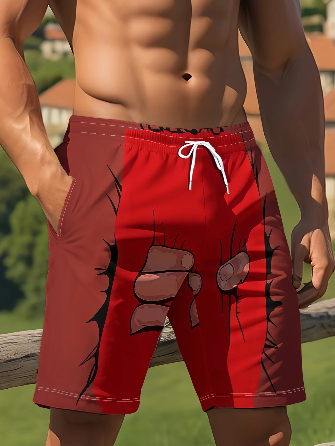 Men's 3D Wall Breaking Fist Pattern Shorts, Fun Anime Visual Illustrations, Printed Drawstring Elastic Waist Casual Beach Shorts