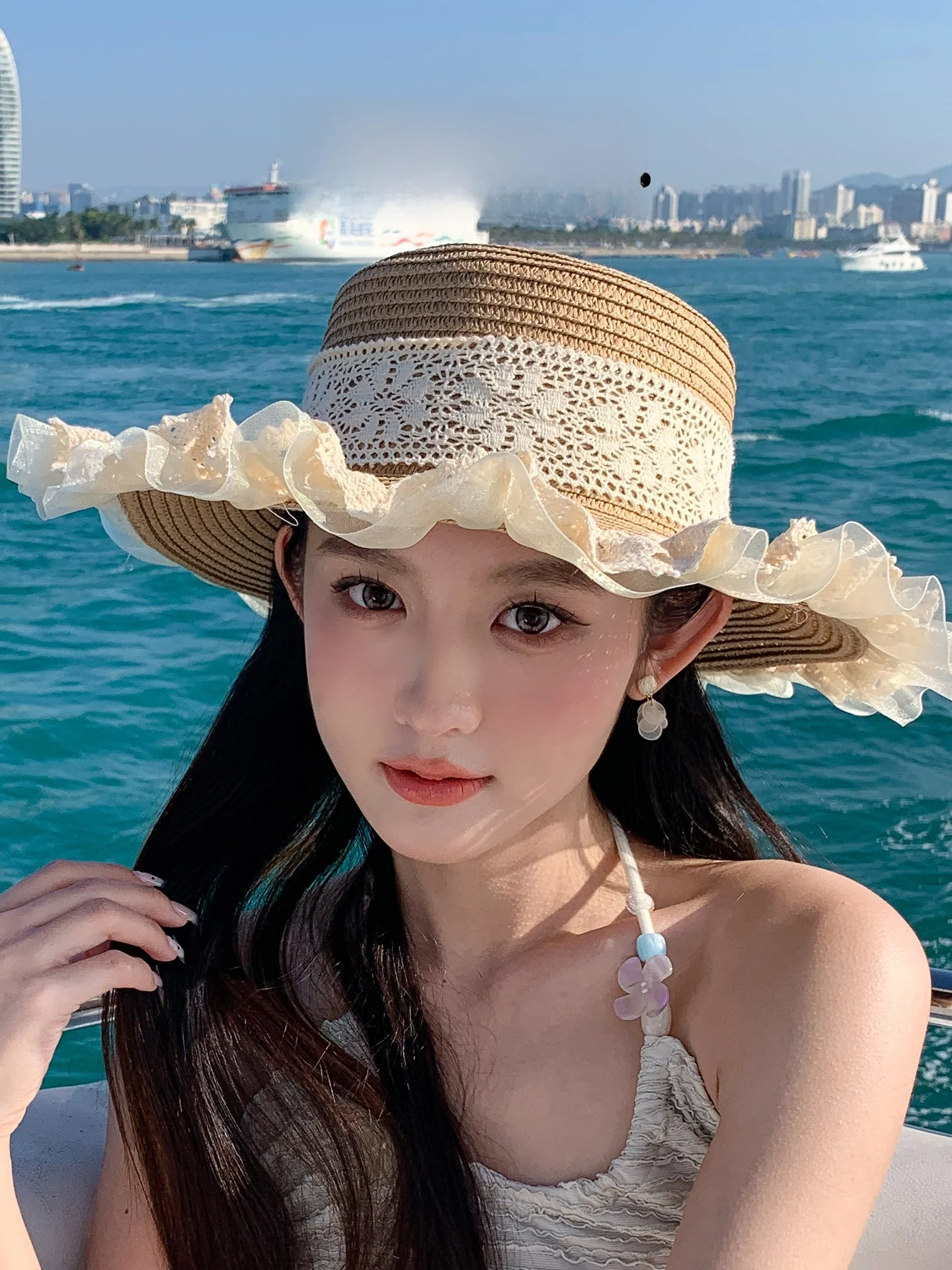 hanayo2026-new-style-wide-brim-woven-straw-hat-lace-trim-beach-sun-protection-women's-holiday-hat-breathable-fashionable-cap