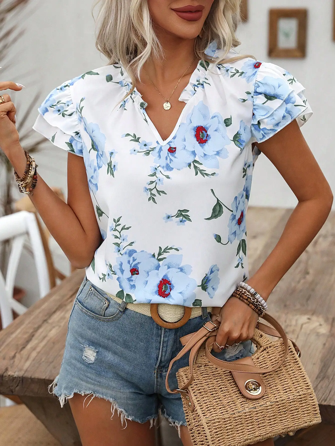 Elegant casual women's shirt H version V-neck ruffled shirt woven plain print shirt for women