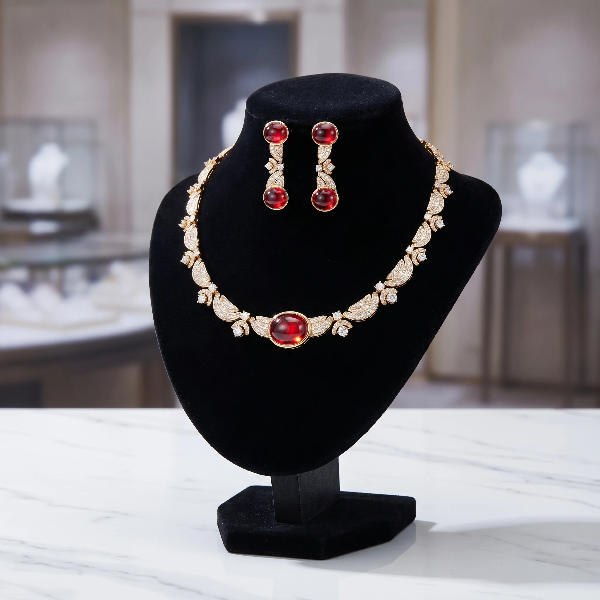 Europe America Style Earrings Necklace Women Lady Inlay Cubic Zircon Synthetic Ruby Plated Gold Color Party Jewelry Sets