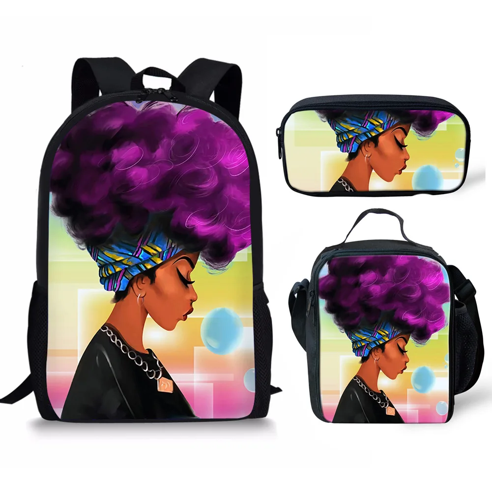 Harajuku Youthful Lovely African Girls 3D Print 3pcs/Set Student Travel bags Laptop Daypack Backpack Lunch Bag Pencil Case