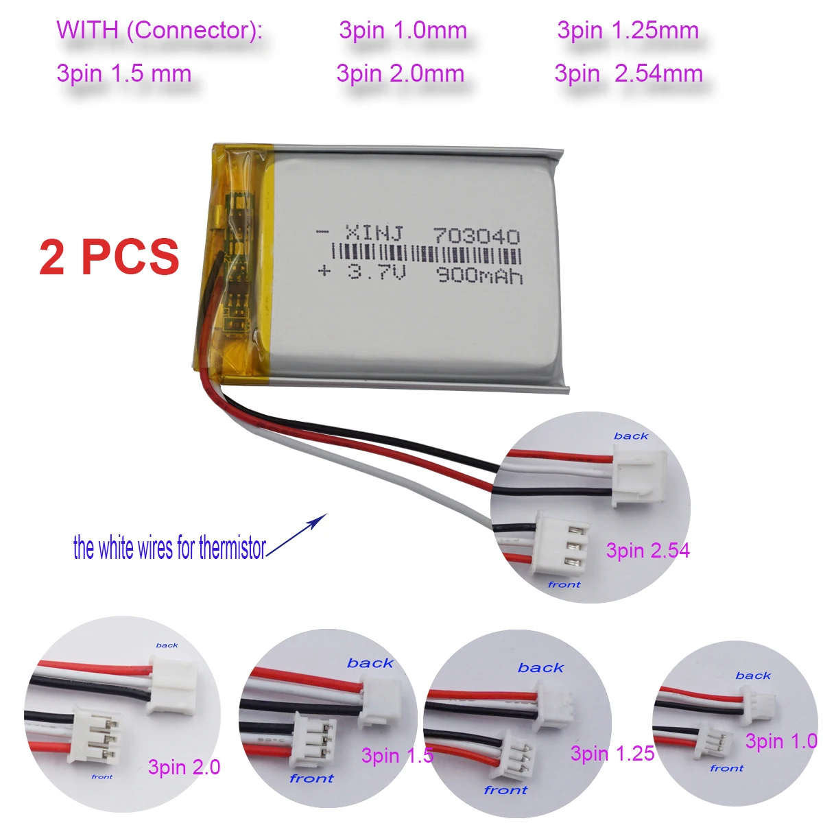 2pcs 3.7V 900mAh 3.33Wh NTC 3 Wires Rechargeable Li Battery 703040 JST 3Pin 1.0/1.25/1.5/2.0/2.54mm For GPS Bluetooth Speaker