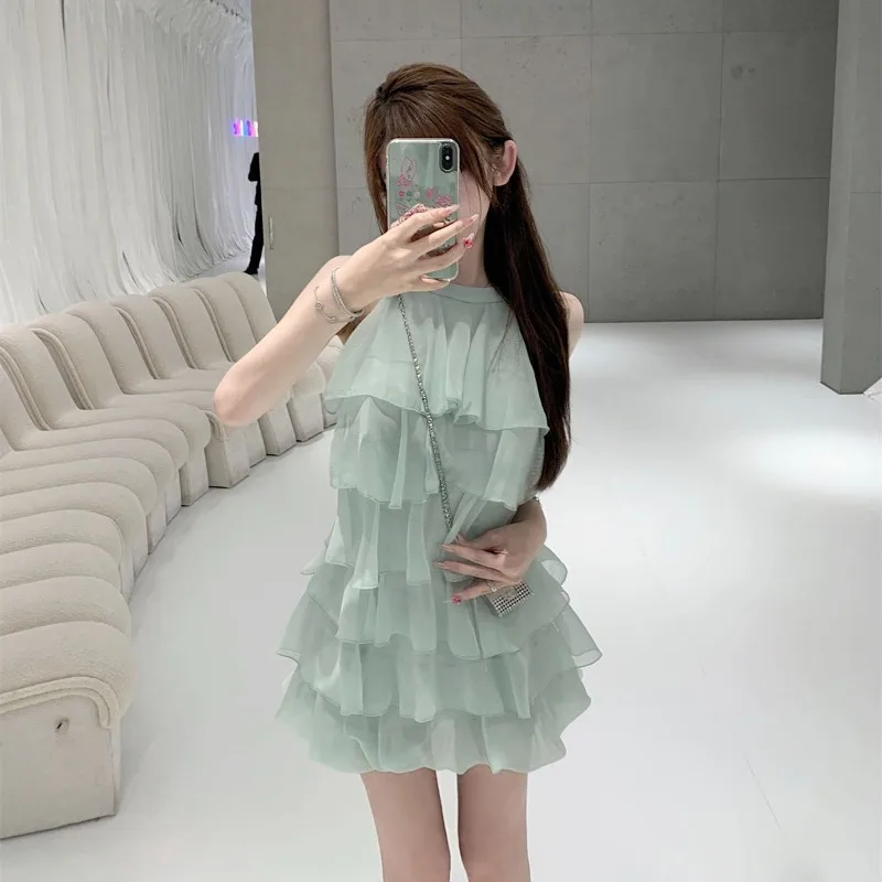 Temperament Sweet Ruffled Edge Chiffon Hanging Neck Strap Dress Women Off Shoulder Sleeveless Solid Fashion Princess Summer Wear