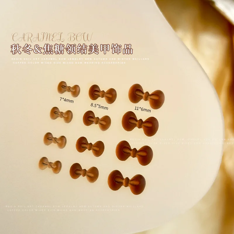 100PCS Matte Translucent Caramel Brown KT Bow Tie Resin Nail Art Rhinestones Decorations Manicure Warm Winter Autumn Ornaments