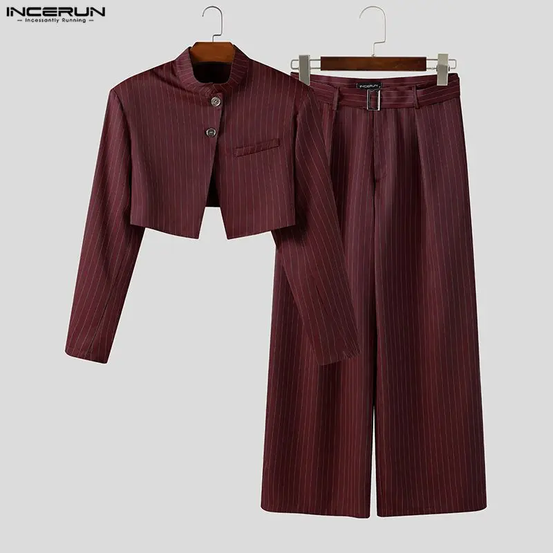 

INCERUN мужские комплекты в полоску, свободный воротник-стойка, укороченный пиджак и брюки с длинными рукавами, 2 предмета, уличная одежда, модные повседневные мужские костюмы 2025 года
